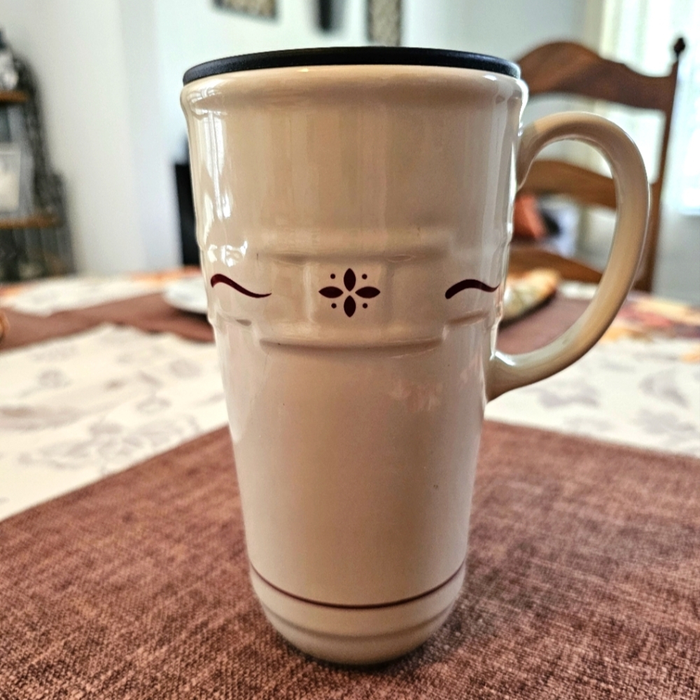 Longaberger Pottery Woven Traditions Travel Mug with Lid. Red trim- EUC!